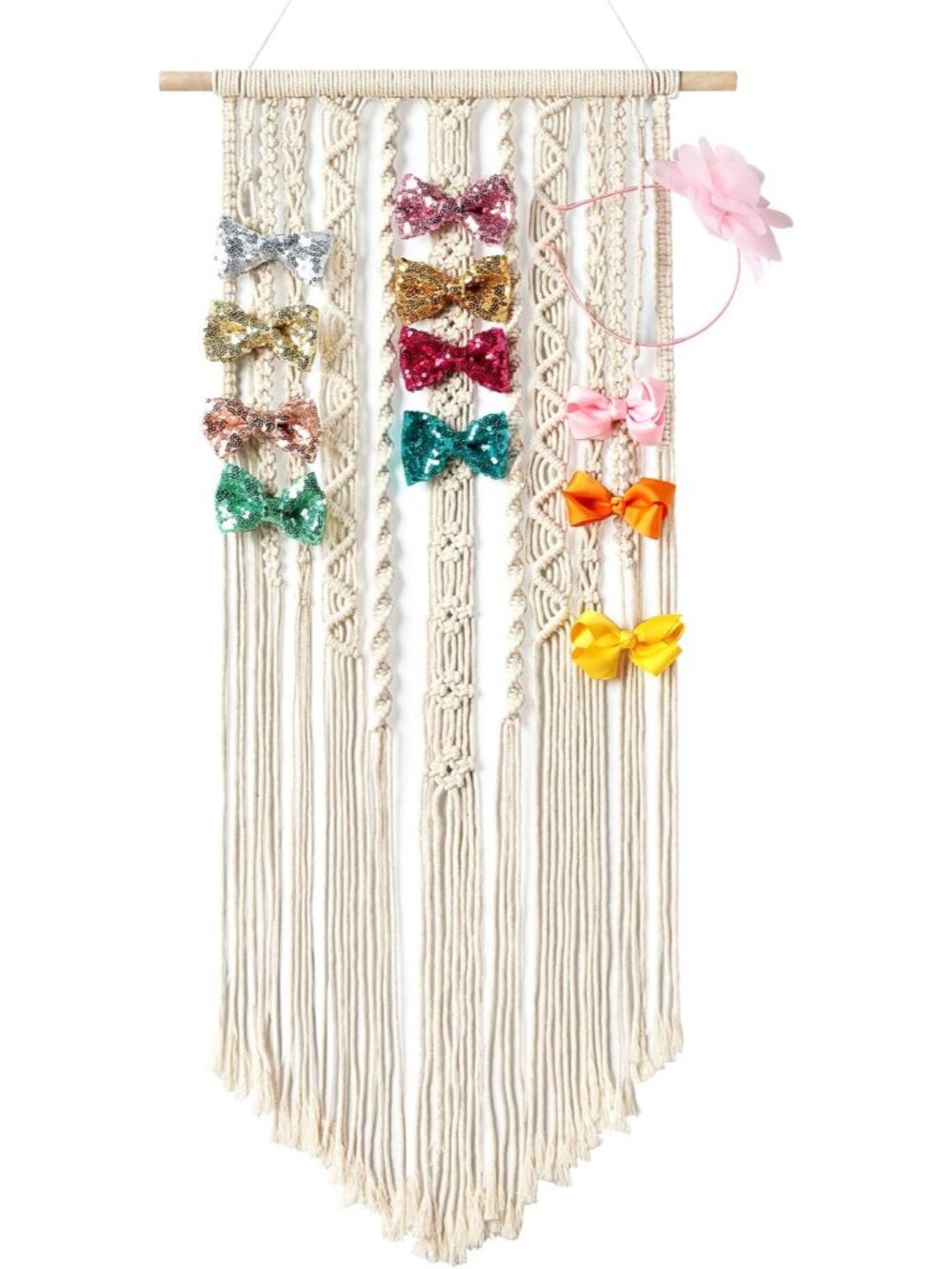 Macrame Bow Holder, Wall Hanging Hair Bow Organizer for Girls, Ivory